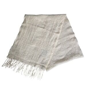 Pure Cashmere Ivory Waffle Knit Scarf with Fringe